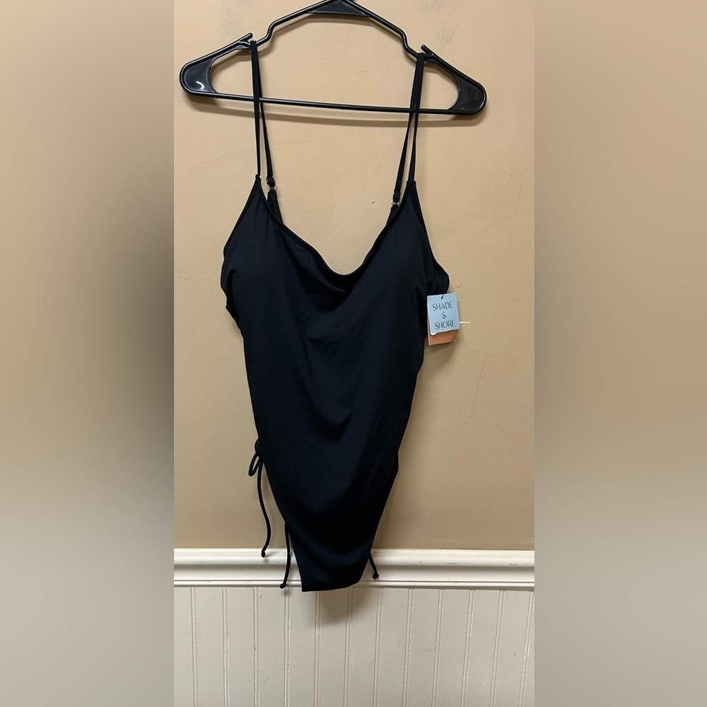 Shade & Shore Swimsuit Size XL Black Ribbed One Piece Ruched Sides Side Tie NWT